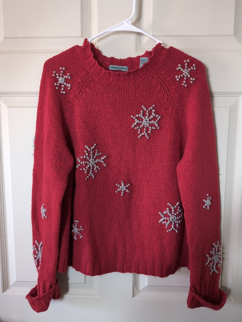 Marsh Landing Red Crewneck Sweater with Beaded Snowflakes